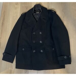 🎁 NWT Express Double Breasted Wool Blend Peacoat Black Lined Preppy Coat‎ Men L